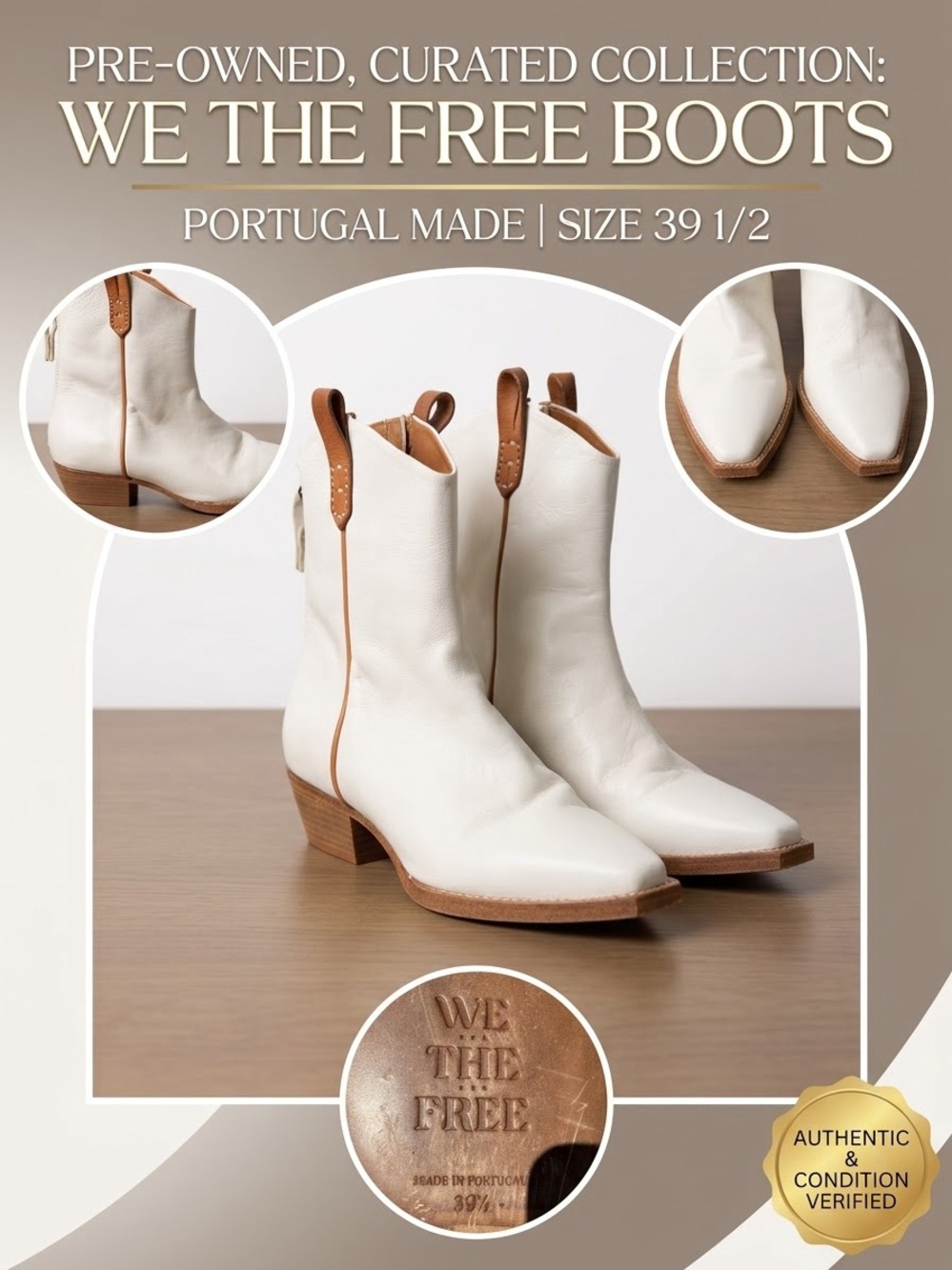 We The Free Cream Leather Western Ankle Boots with Tan Trim